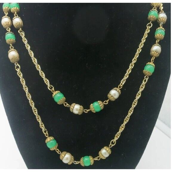 Costume Jewelry Long 54" Necklace, Faux Jade And Pearl, Vintage MCM